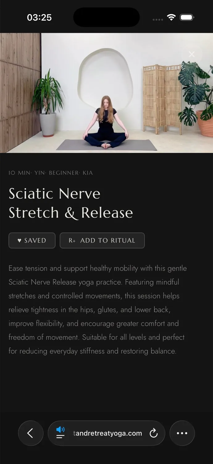 A class open on a phone — Sciatic Nerve Stretch & Release, a 10-minute Yin practice with Kia.