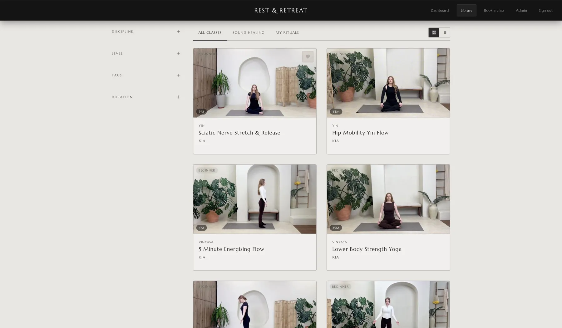 The RITUAL class library open on a laptop — a grid of Yin, Vinyasa and sound-healing classes with filters down the side.
